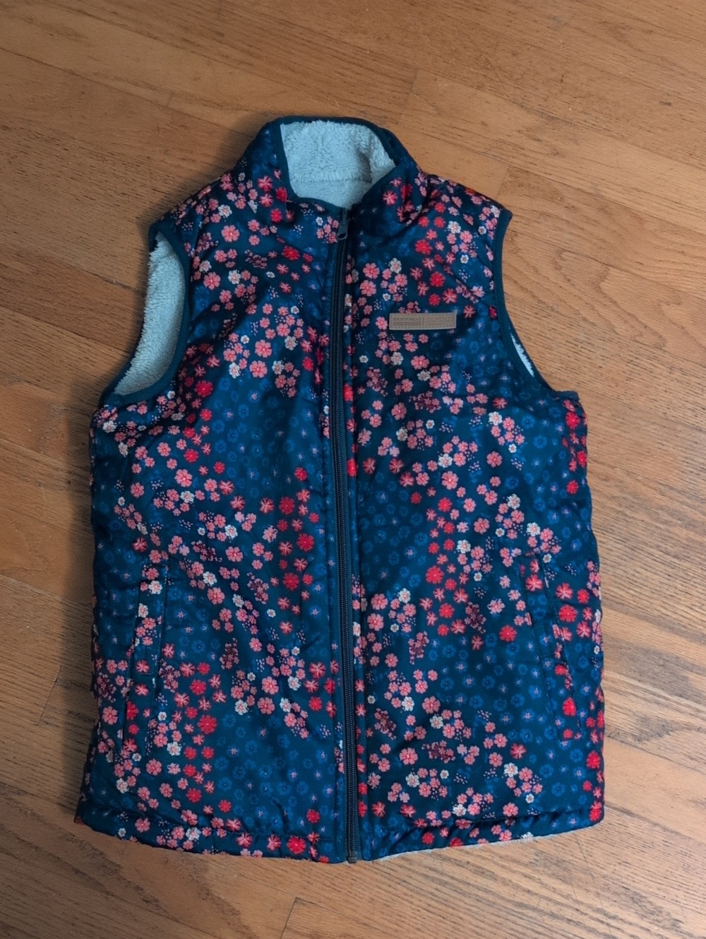 Buffalo David Bitton Navy Floral Puffer Vest with Pink and Red Blossoms